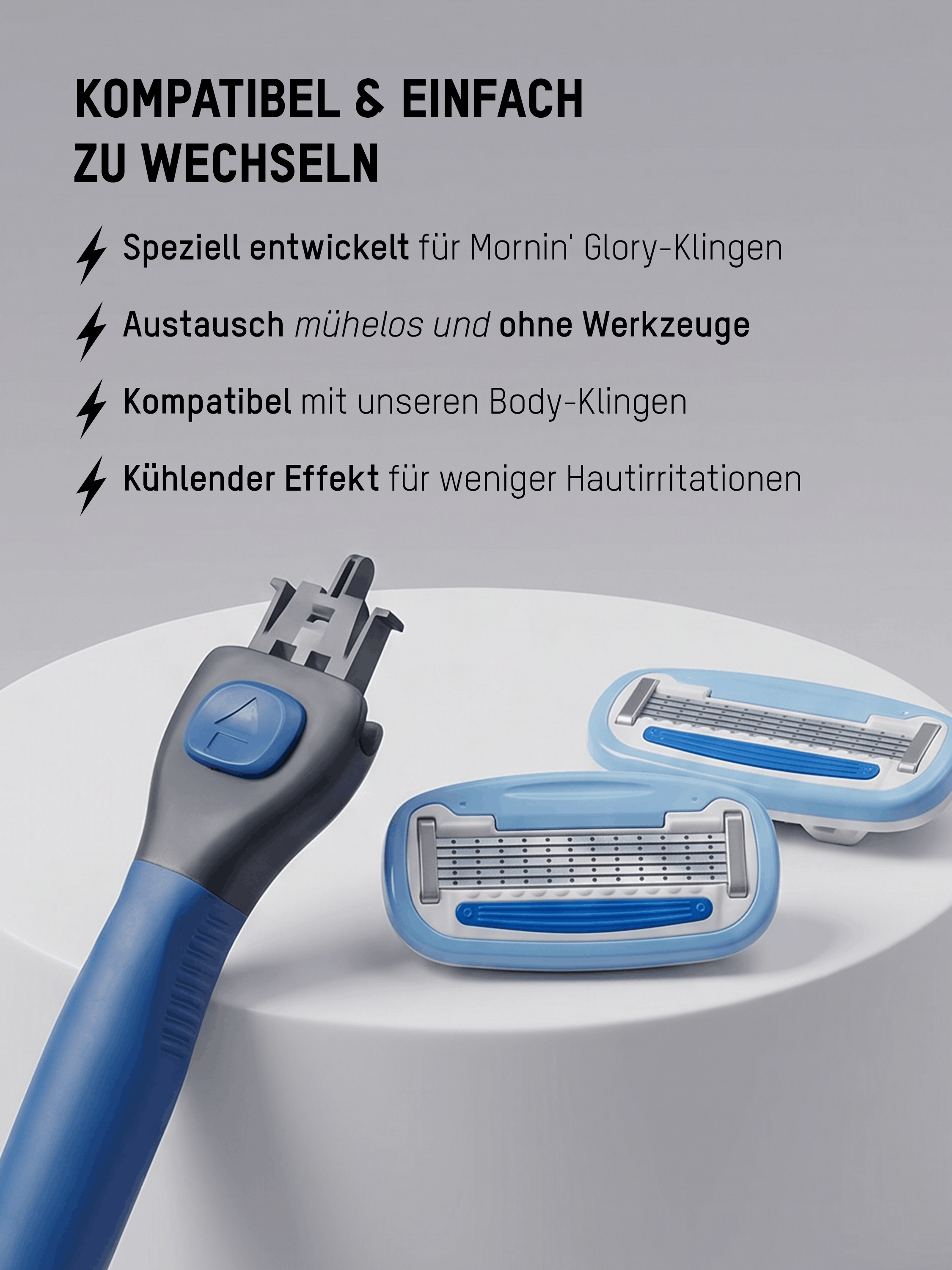 Mornin' Glory Body Rasiergriff mit einfachem Klingenwechselsystem und kompatiblen Body-Rasierklingen für eine komfortable Rasur.