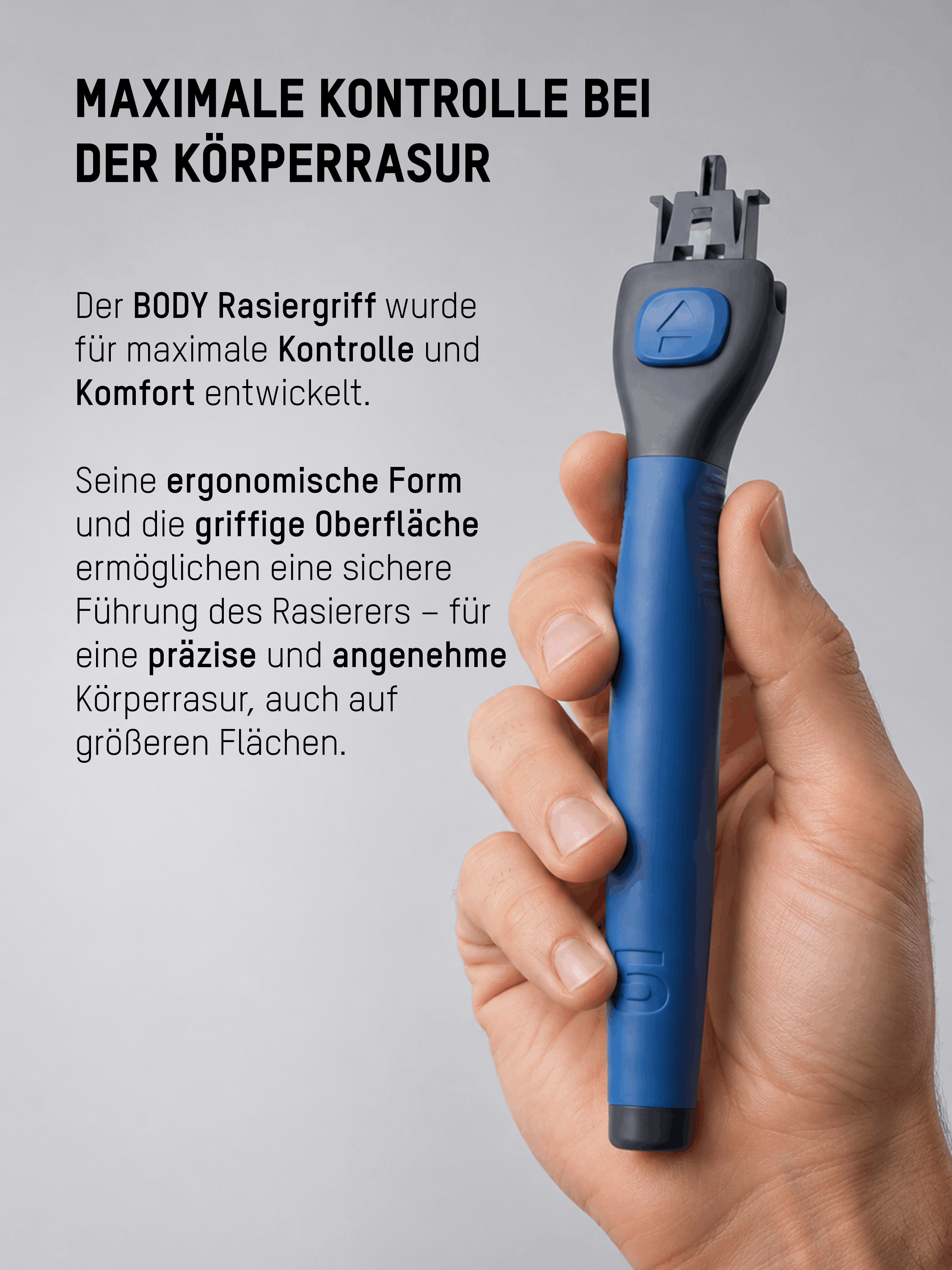 Ergonomischer Body Rasiergriff von Mornin' Glory mit rutschfester Oberfläche für maximale Kontrolle bei der Körperrasur.