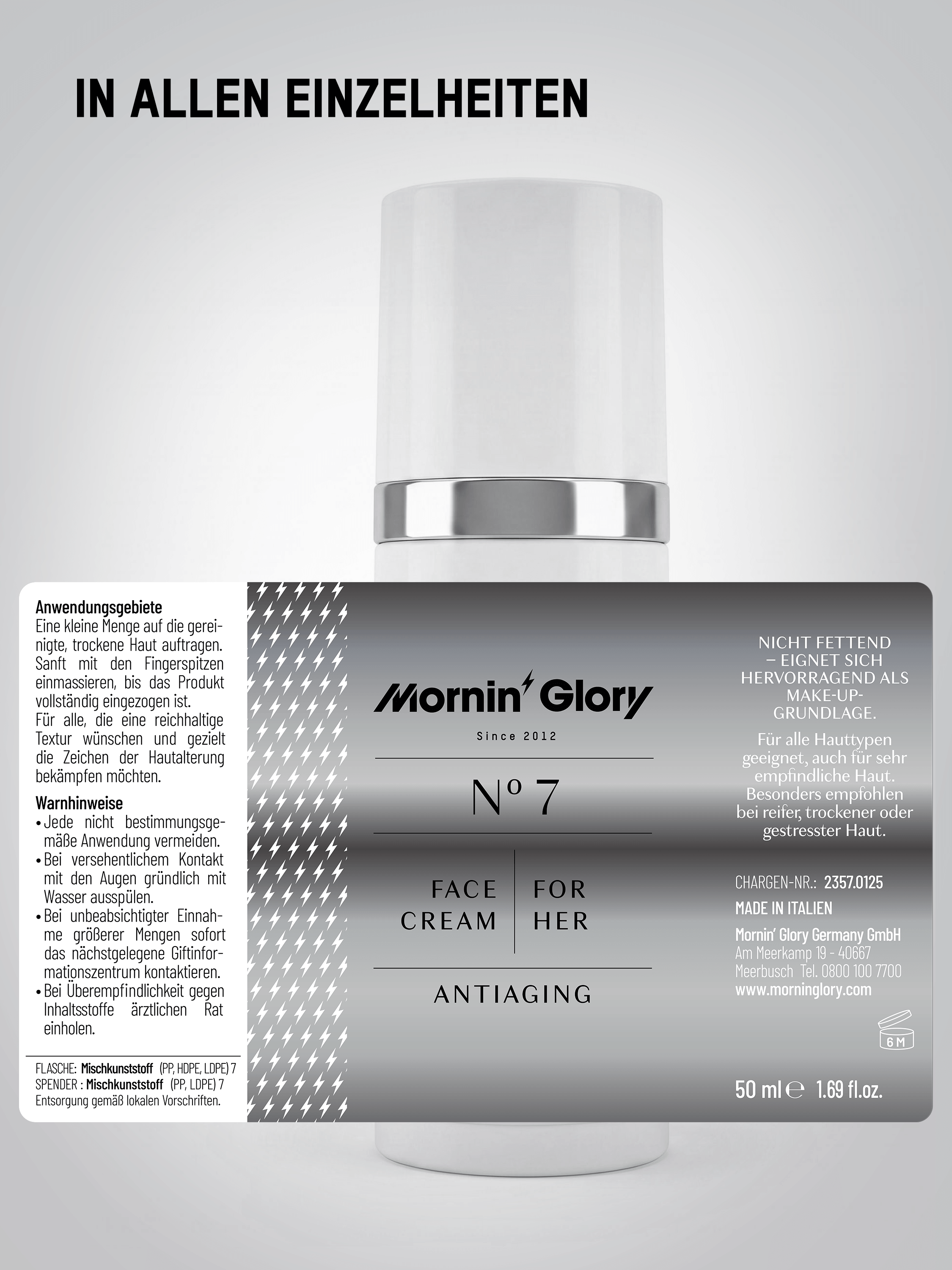 Detailansicht der Mornin' Glory No. 7 Face Cream for Her mit Anwendungshinweisen und Produktinformationen