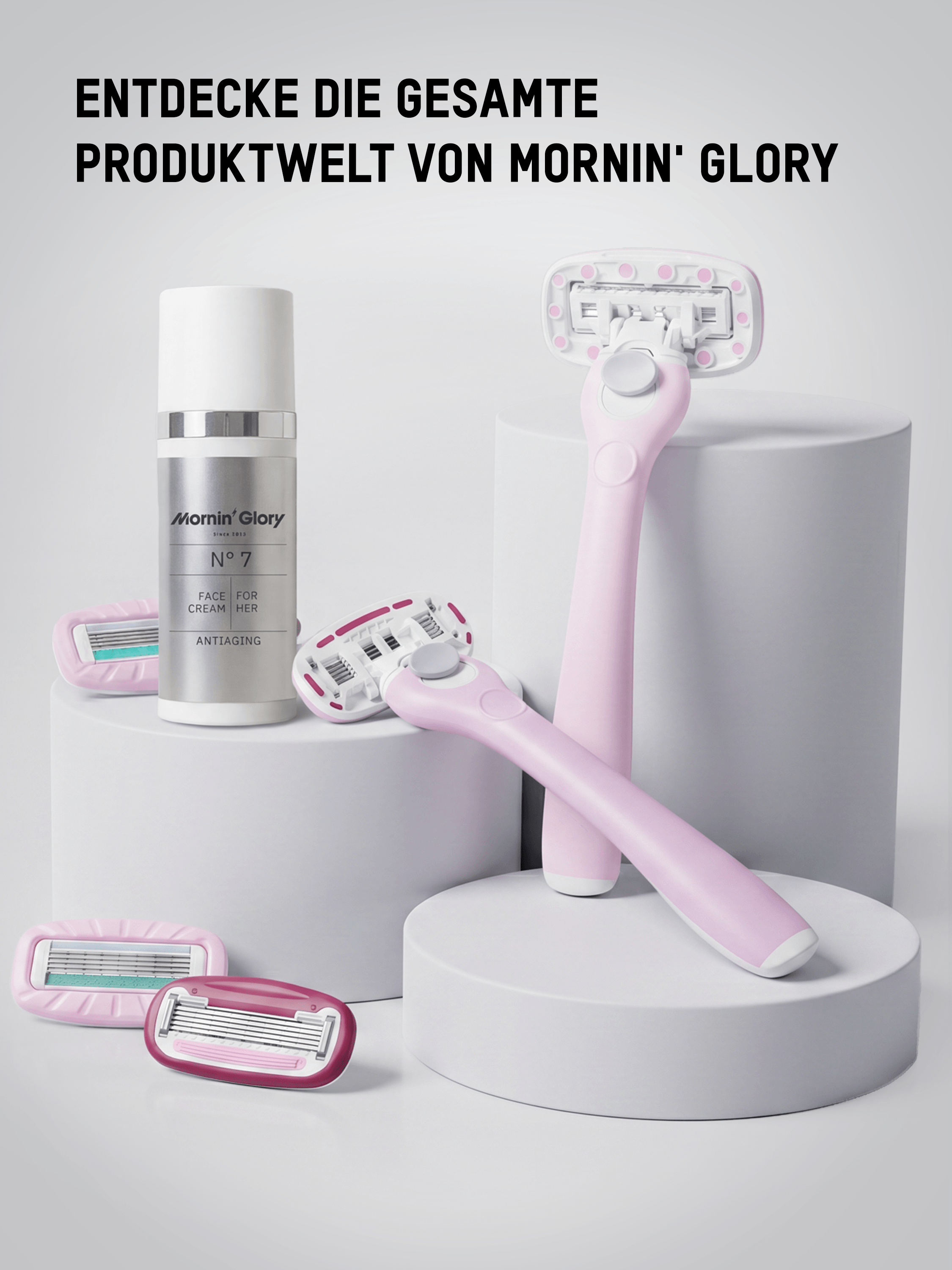Mornin' Glory Produktwelt mit Antiaging Gesichtscreme und Rasierprodukten für moderne Körper- und Gesichtspflege