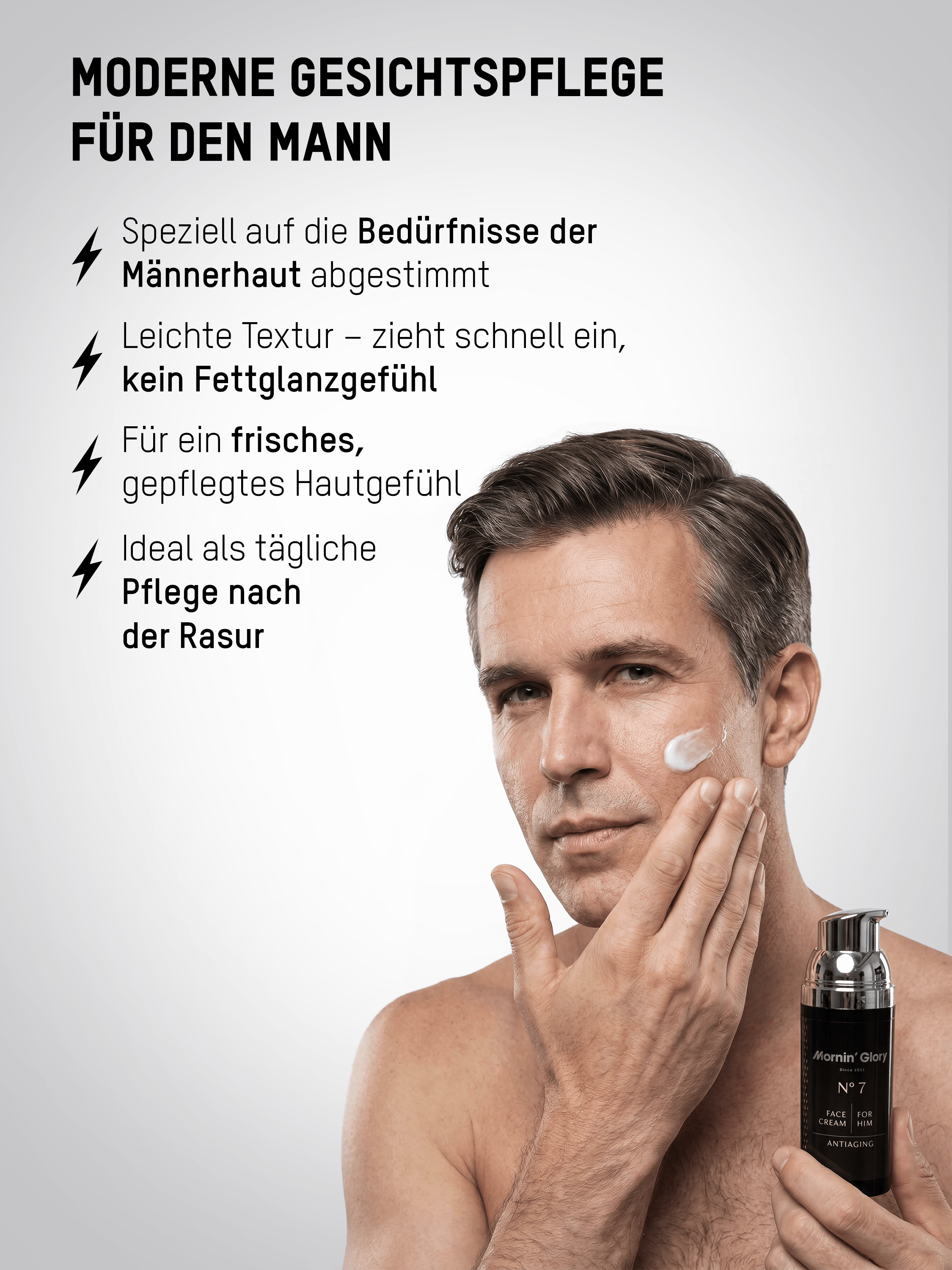 Mann trägt Mornin' Glory No. 7 Face Cream for Him Antiaging auf – feuchtigkeitsspendende Gesichtspflege für Männer