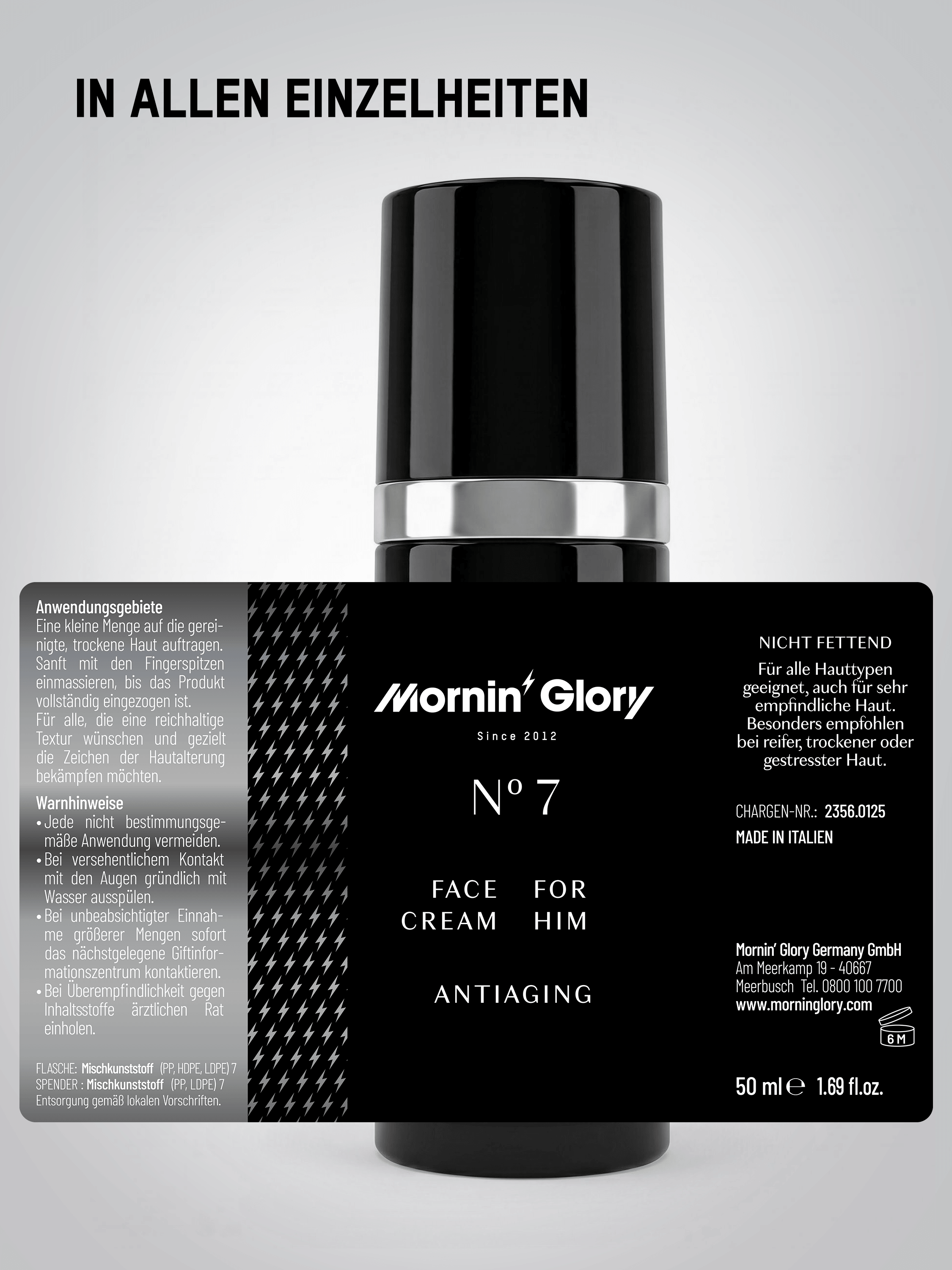 Detailansicht der Mornin' Glory No. 7 Face Cream for Him mit Anwendungshinweisen und Produktinformationen