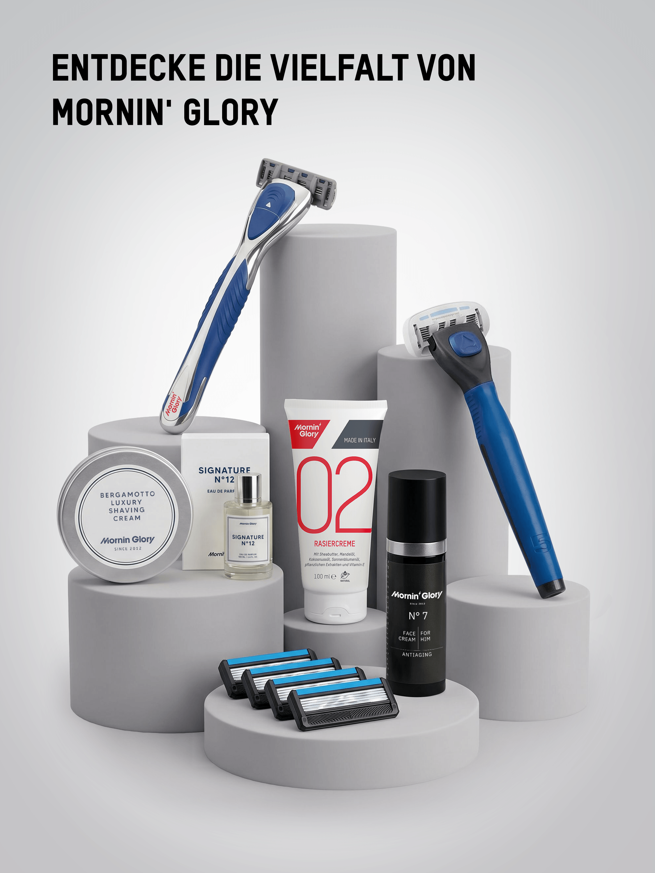Mornin' Glory Produktwelt mit Rasierern, Rasiercreme, Duft und Antiaging Gesichtspflege für Männer