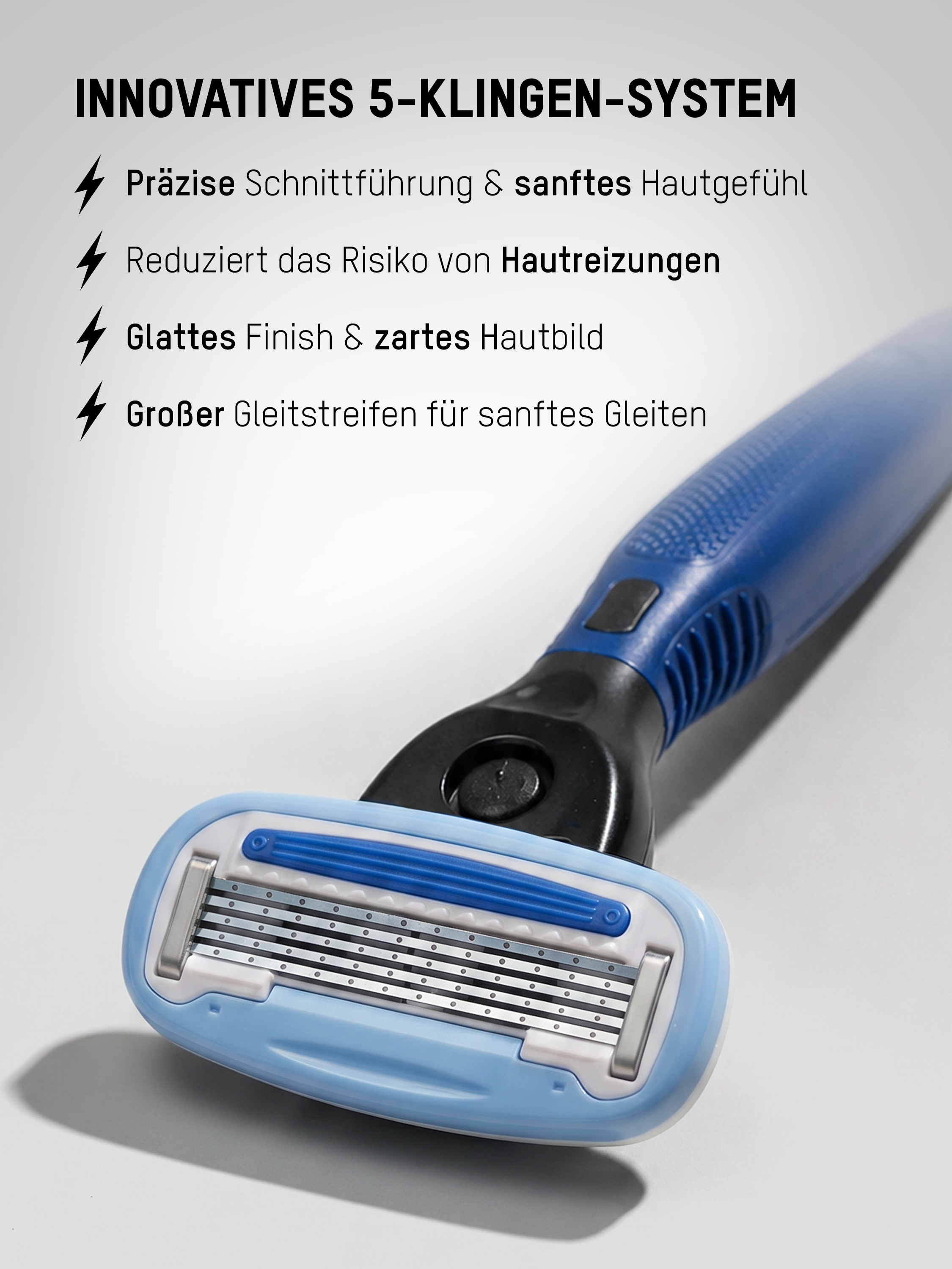 Körperrasierer mit innovativem 5-Klingen-System für eine gründliche, hautschonende Rasur und weniger Hautirritationen.