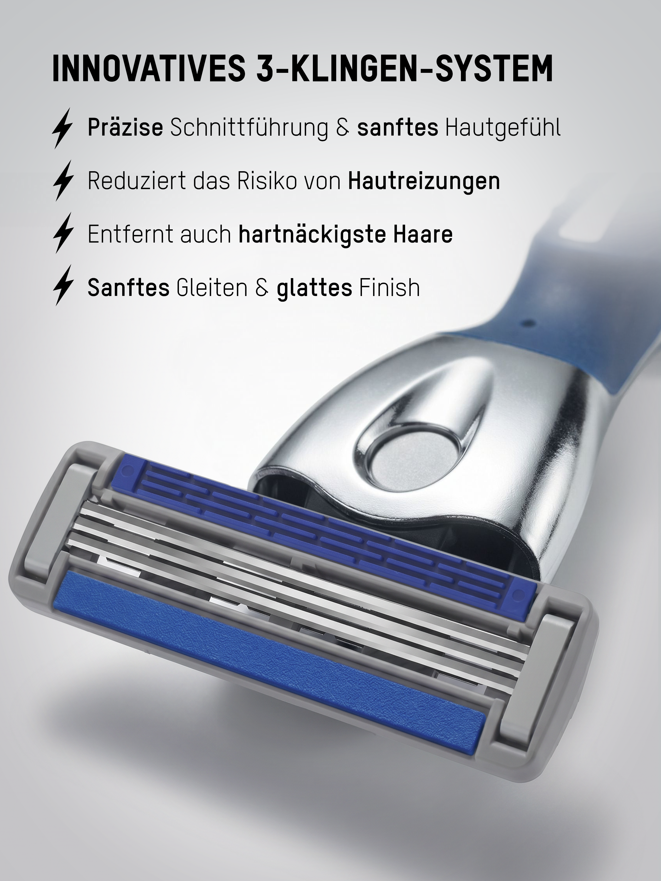 Nahaufnahme und vorteil vorstellung der Klingen vom Mornin' Glory 3-Klingen-Rasierer mit präziser Schnittführung für eine sanfte Nassrasur und glatten Morgenrasur finish