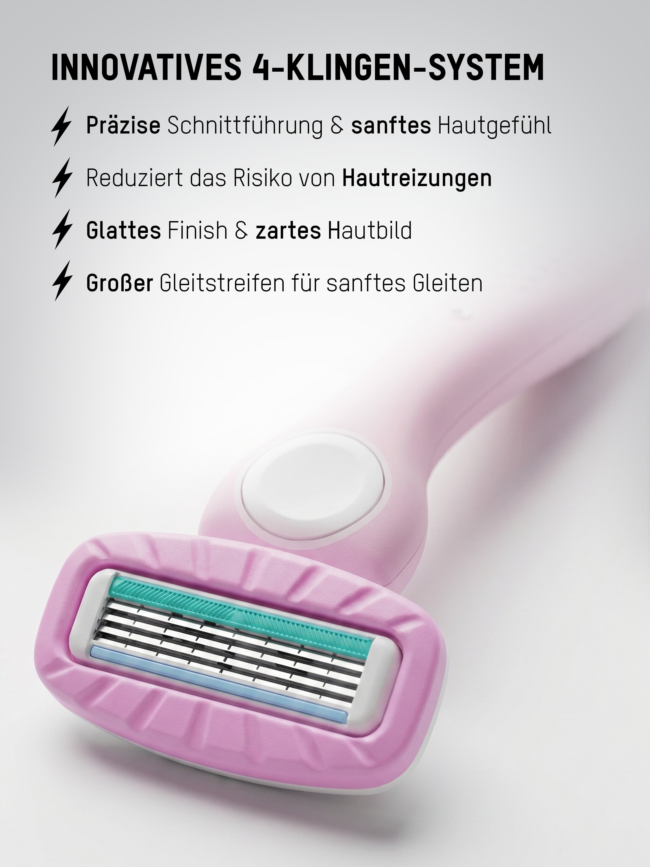 Damenrasierer mit innovativem 4-Klingen-System für eine sanfte, gründliche Rasur und weniger Hautirritationen.