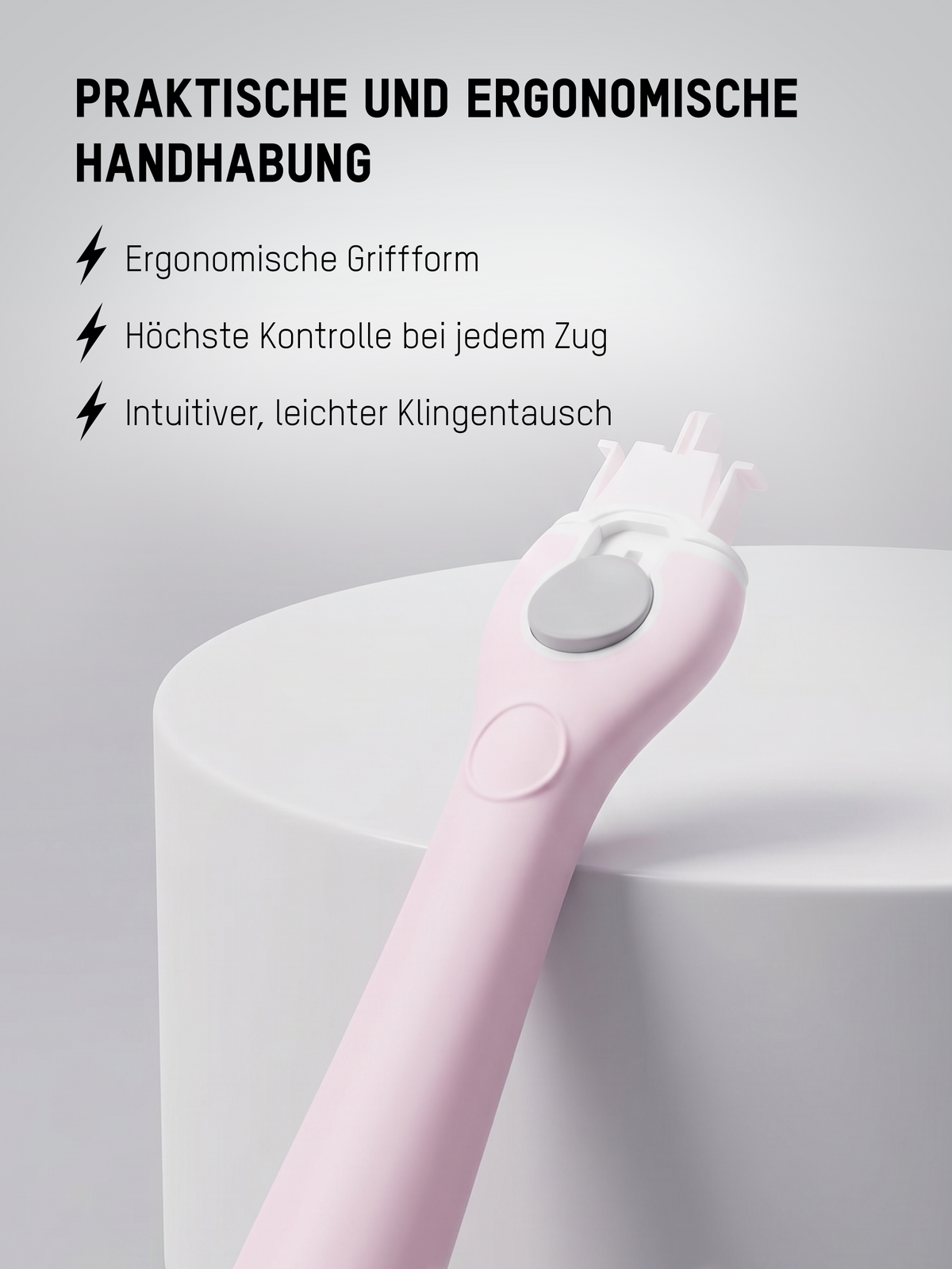 Ergonomischer Rasiergriff des Komodo Damenrasierers für komfortable Handhabung und präzise Kontrolle.