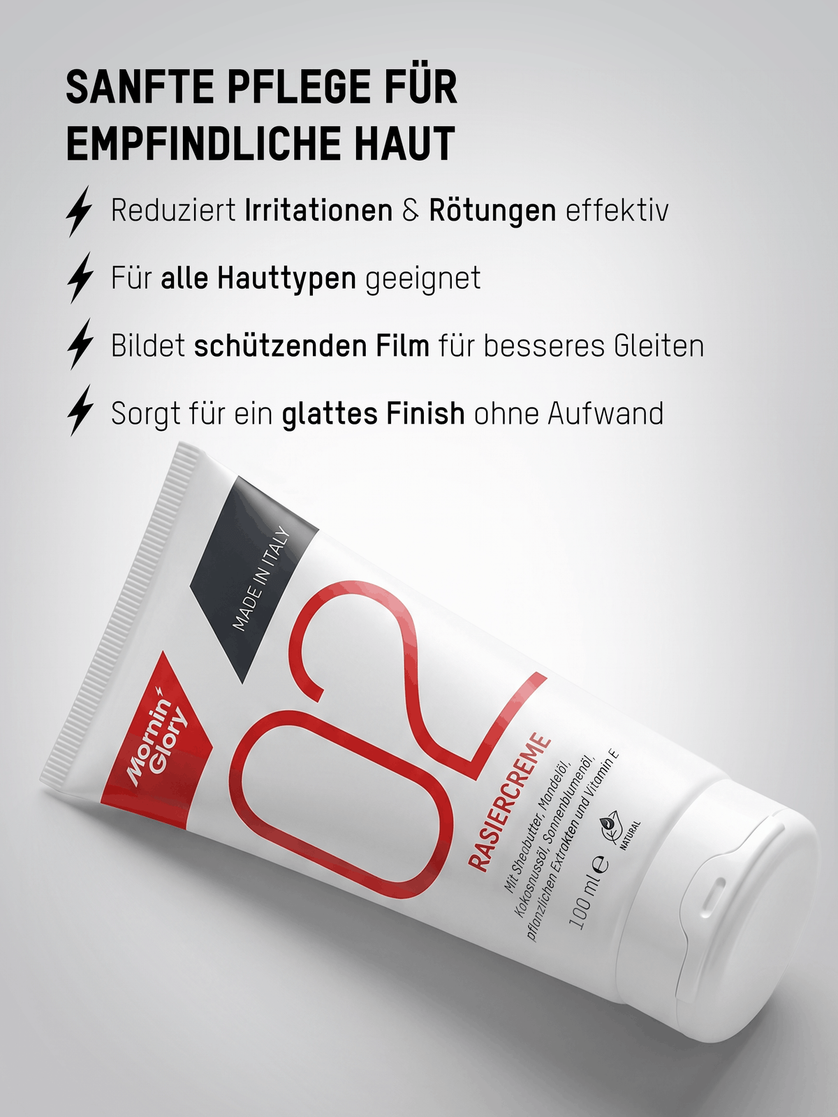 Mornin' Glory Rasiercreme für empfindliche Haut reduziert Hautirritationen, schützt die Haut und sorgt für ein glattes Rasurergebnis.