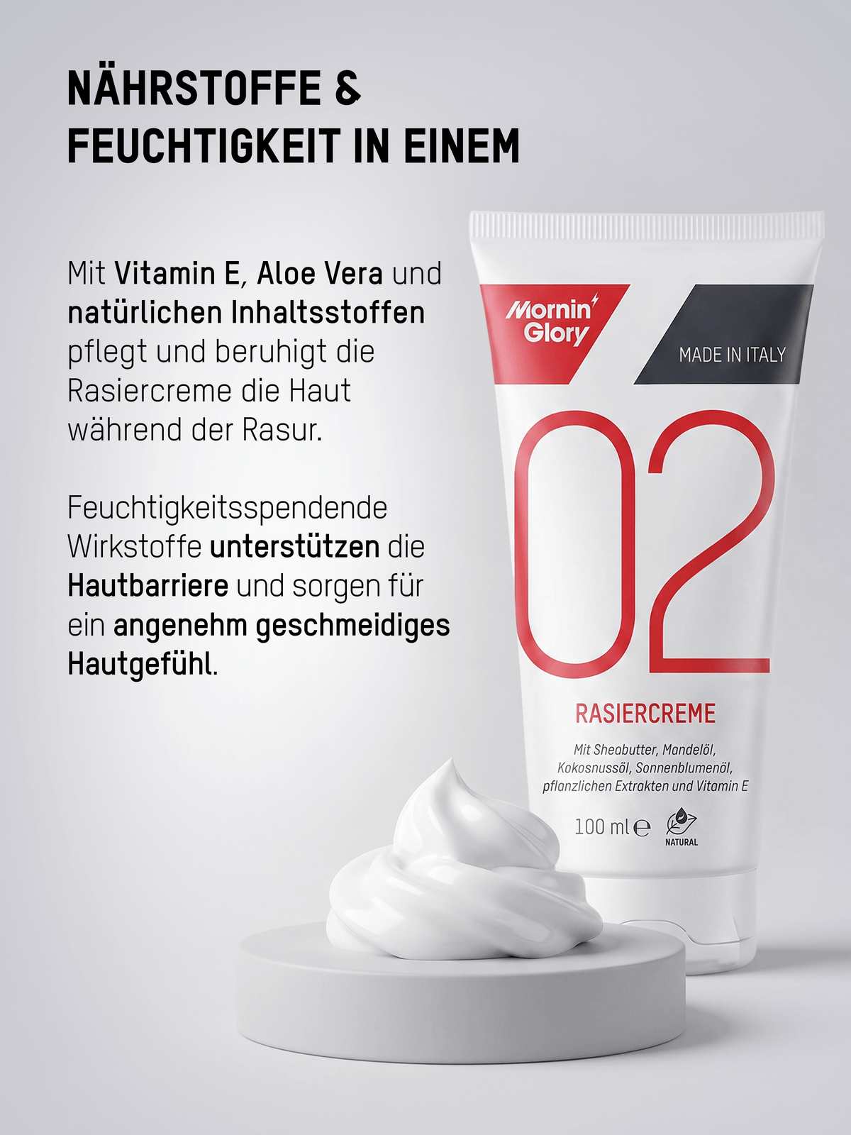 Mornin' Glory Rasiercreme mit Vitamin E, Aloe Vera und natürlichen Inhaltsstoffen für eine pflegende und feuchtigkeitsspendende Rasur.