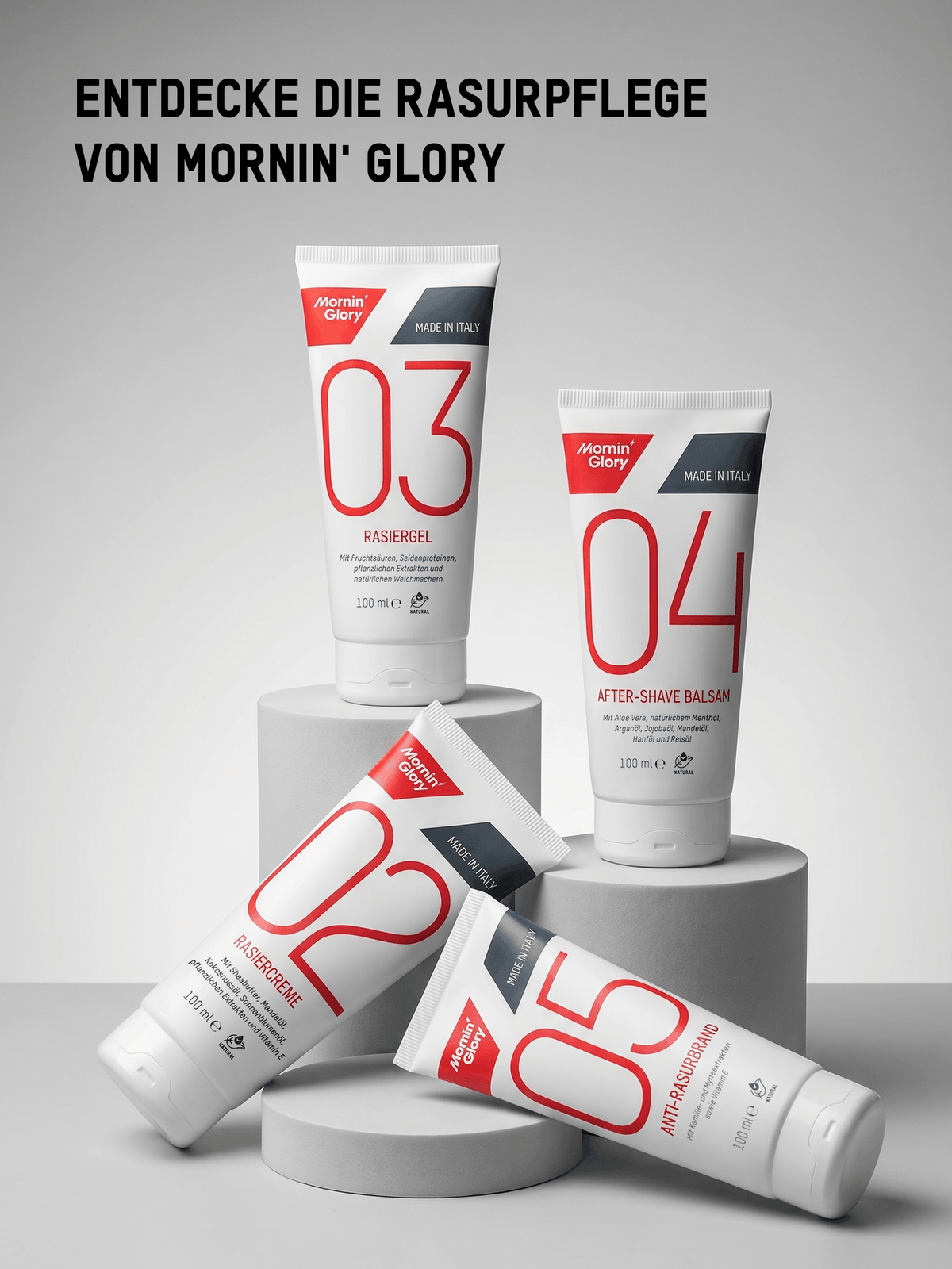 Mornin' Glory Rasurpflege-Serie mit Rasiercreme, Rasiergel, After-Shave Balsam und Anti-Rasierbrand Pflege.