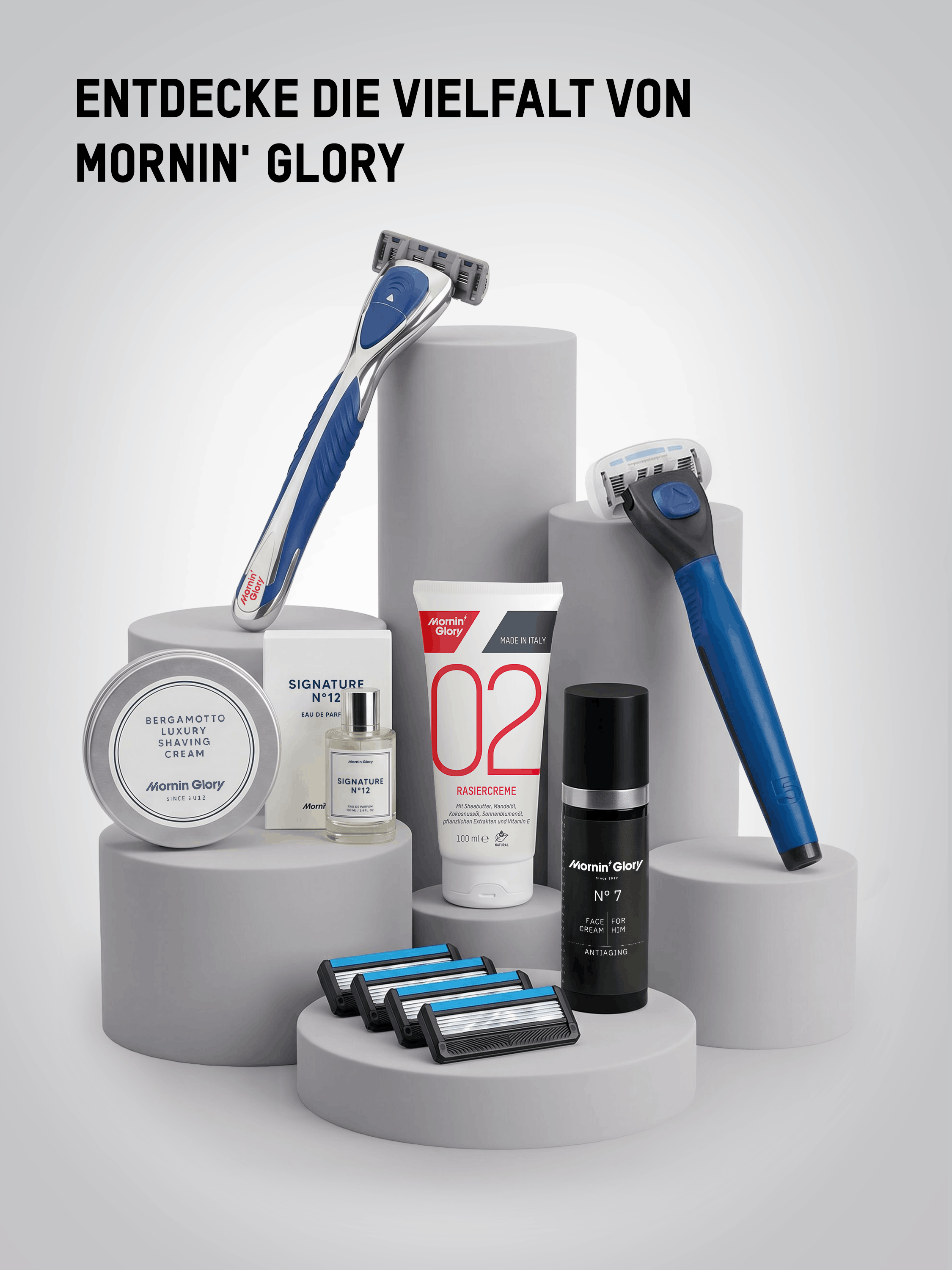 Mornin' Glory Rasurprodukte mit Body Rasiergriff, Rasiercreme, Rasierklingen und Pflegeprodukten für die tägliche Körperpflege.