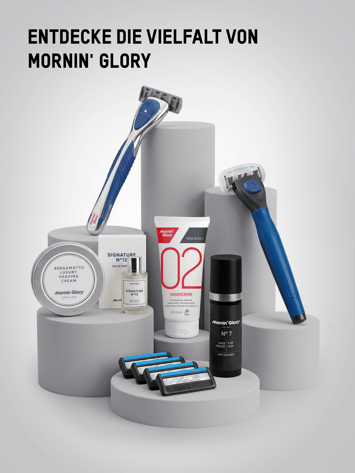 Mornin' Glory Rasurprodukte mit Rover Rasiergriff, Rasiercreme, Rasierklingen und Pflegeprodukten für die tägliche Rasurroutine.
