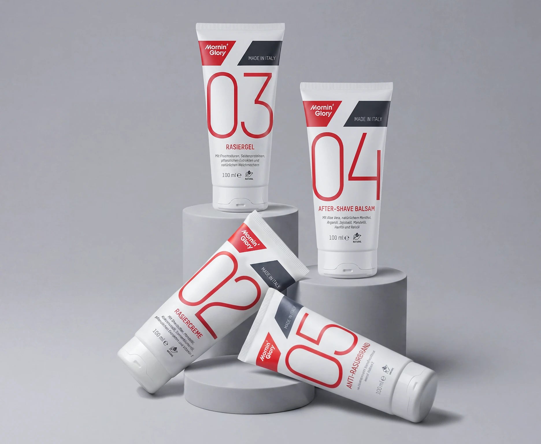 Mornin' Glory Rasurpflege mit Rasiercreme, Rasiergel, After-Shave Balsam und Anti-Rasurbrand Pflege